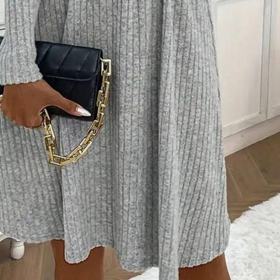 Autumn Winter Sweater Dress V Neck A-line Knitted Button Decor Patchwork Long Sleeves Big Hem Midi