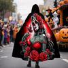 1pc Vintage Style Polyester Hooded Cloak with Sugar Skull, Red Roses & Floral Print - Halloween Costume for Adults Witch