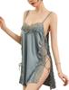 Lingerie Babydoll Side Open Satin Half Slip Camisole Lace Nightgown [ROKAROKA] Women's (Green Gray, L)