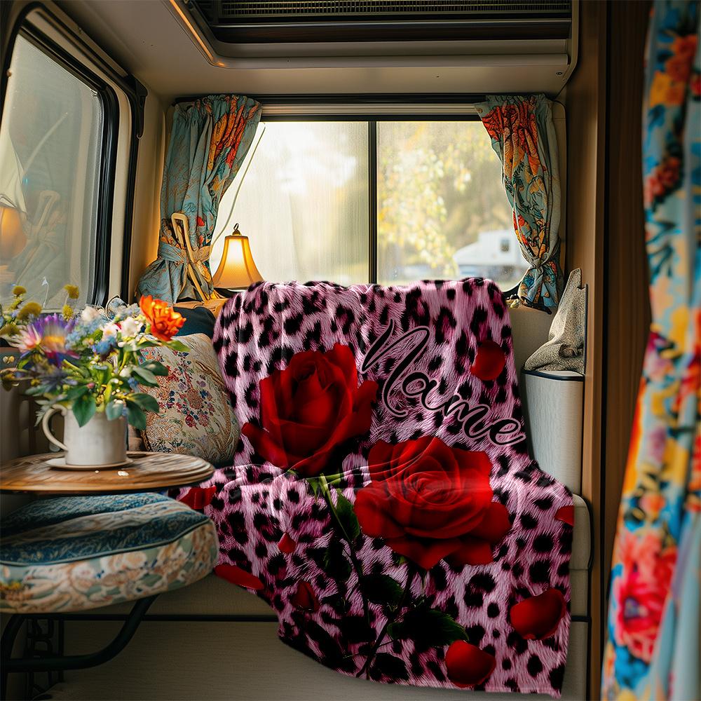 Red Roses On Leopard Print Background Art Design Blanketcustomizable With Your Namecomfortable And Stylish Perfect For Travel Beds Chairs Offices