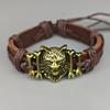 European & American Retro Woven PU Leather Adjustable Wolf Head Bracelet for Men