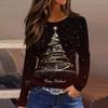 Женская модная повседневная футболка с разрезом по низу, круглым вырезом, длинными рукавами, свободного кроя, с рождественским принтом, женский топ