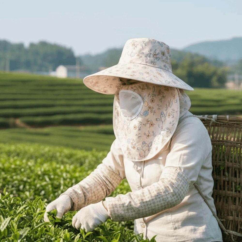 Thin With Mask Picking Tea Hat Floral Detachable Sunshade Shawl Cap Polyester Portable Neck Protection Hat Women