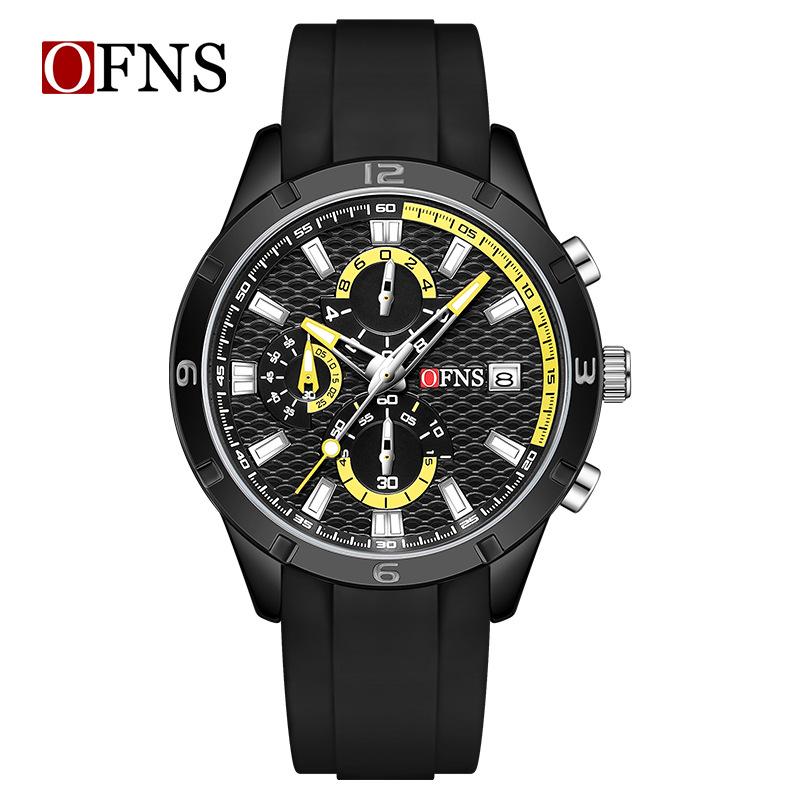 Fashion Ofns Top Brand - Trendy Men's Single Calendar Watch Silicone Sport Student Waterproof Three-eye Six-pin Quartz