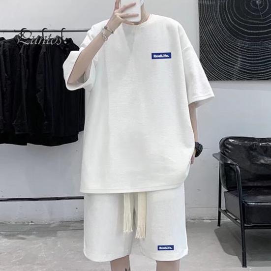 Мужской комплект из 2 предметов, повседневный спортивный костюм, шорты, летний свободный спортивный костюм с коротким рукавом, спортивный комплект, домашняя одежда с вафельной текстурой, подходящий костюм