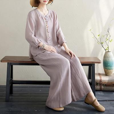 2 шт./комплект женский повседневный наряд круглый вырез рукава 3/4 вышитый цветочный узор рубашка широкие длинные брюки комплект повседневная одежда