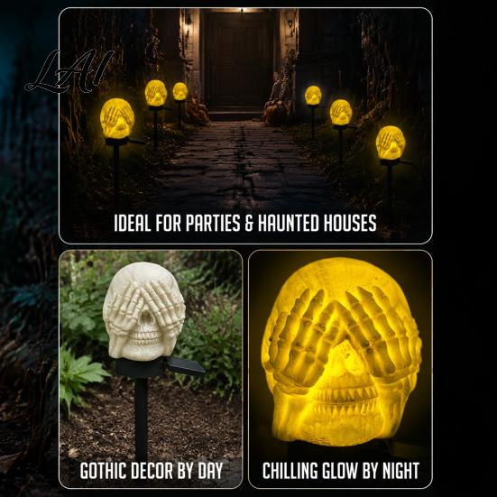 Weather Resistant Solar Garden Lamps Skull Light See Hear Speak No Evil Spooky Horror Scene Setup Props Waterproof LED Light with Stake for Halloween