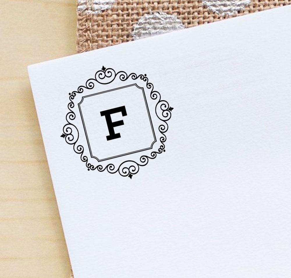 Printtoo Swirl Border Square F Alphabet Monogram Initial Self Inking Rubber Stamp R-40 Office