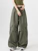 Women Big Pockets Cargo Pants Y2k High Elastic Waist Drawstring Baggy Trousers Vintage Casual Loose Wide Leg Straight Pants