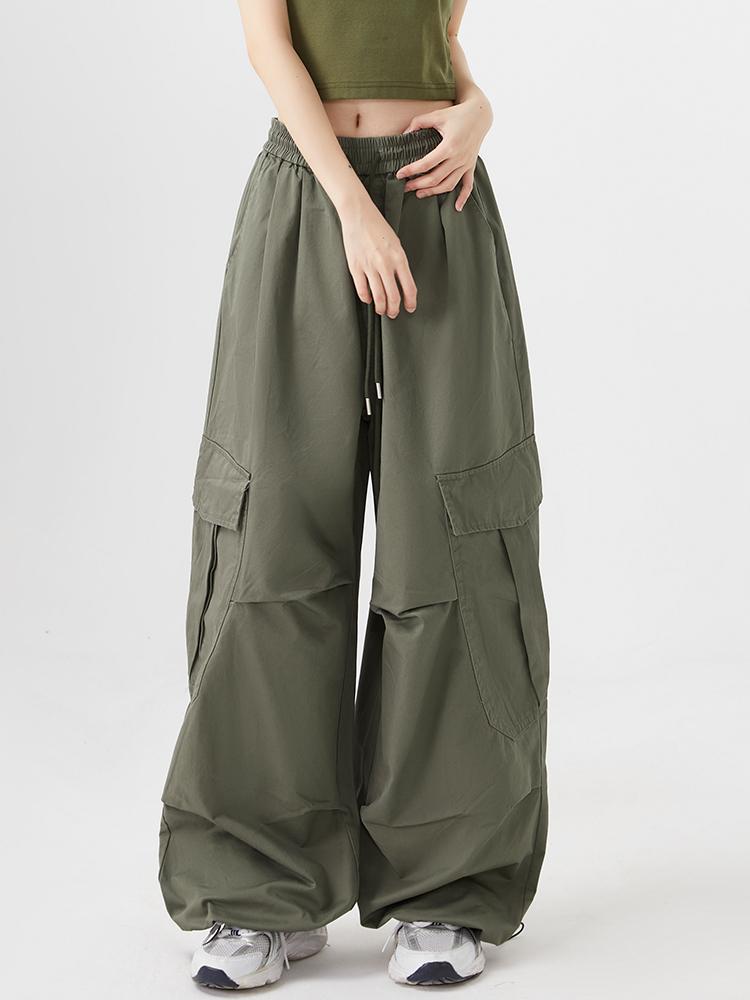 Women Big Pockets Cargo Pants Y2k High Elastic Waist Drawstring Baggy Trousers Vintage Casual Loose Wide Leg Straight Pants