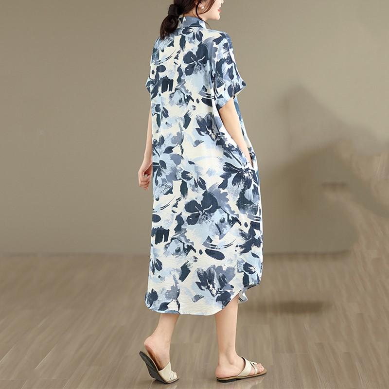 Новое хлопковое винтажное платье с цветочным принтом больших размеров с короткими рукавами для женщин, повседневное свободное длинное летнее платье-рубашка