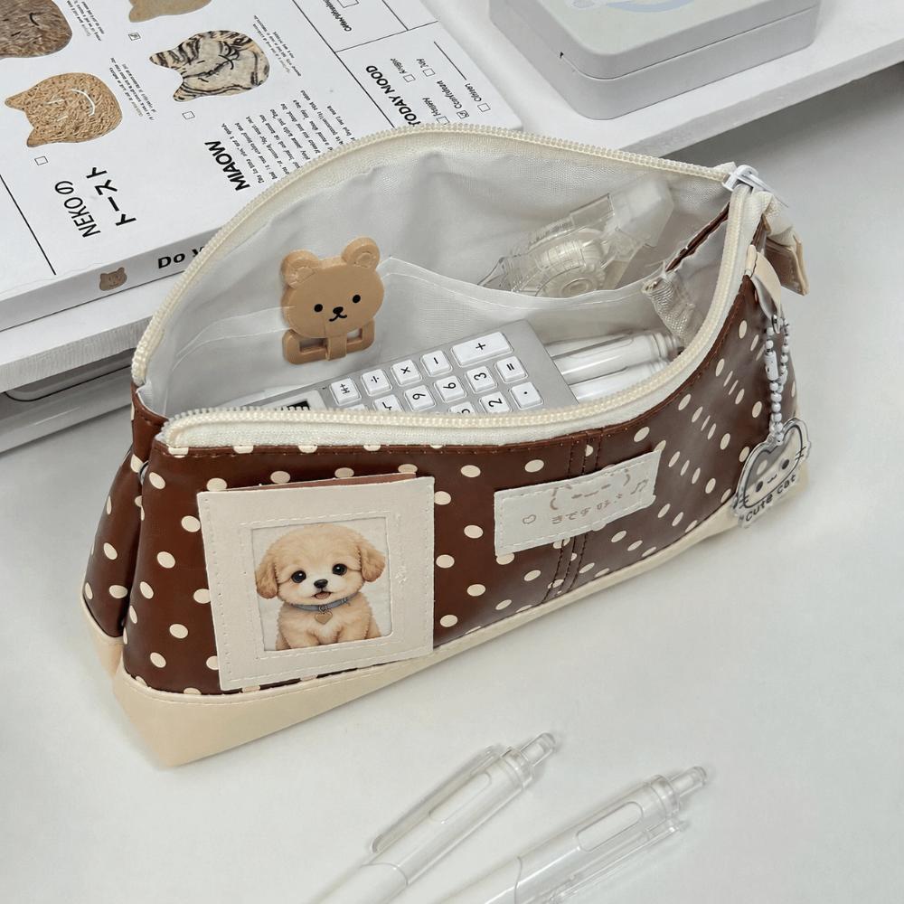 PU Leather Pen Bag Brown Pencil Pouch Waterproof Stationery Bag  School Office