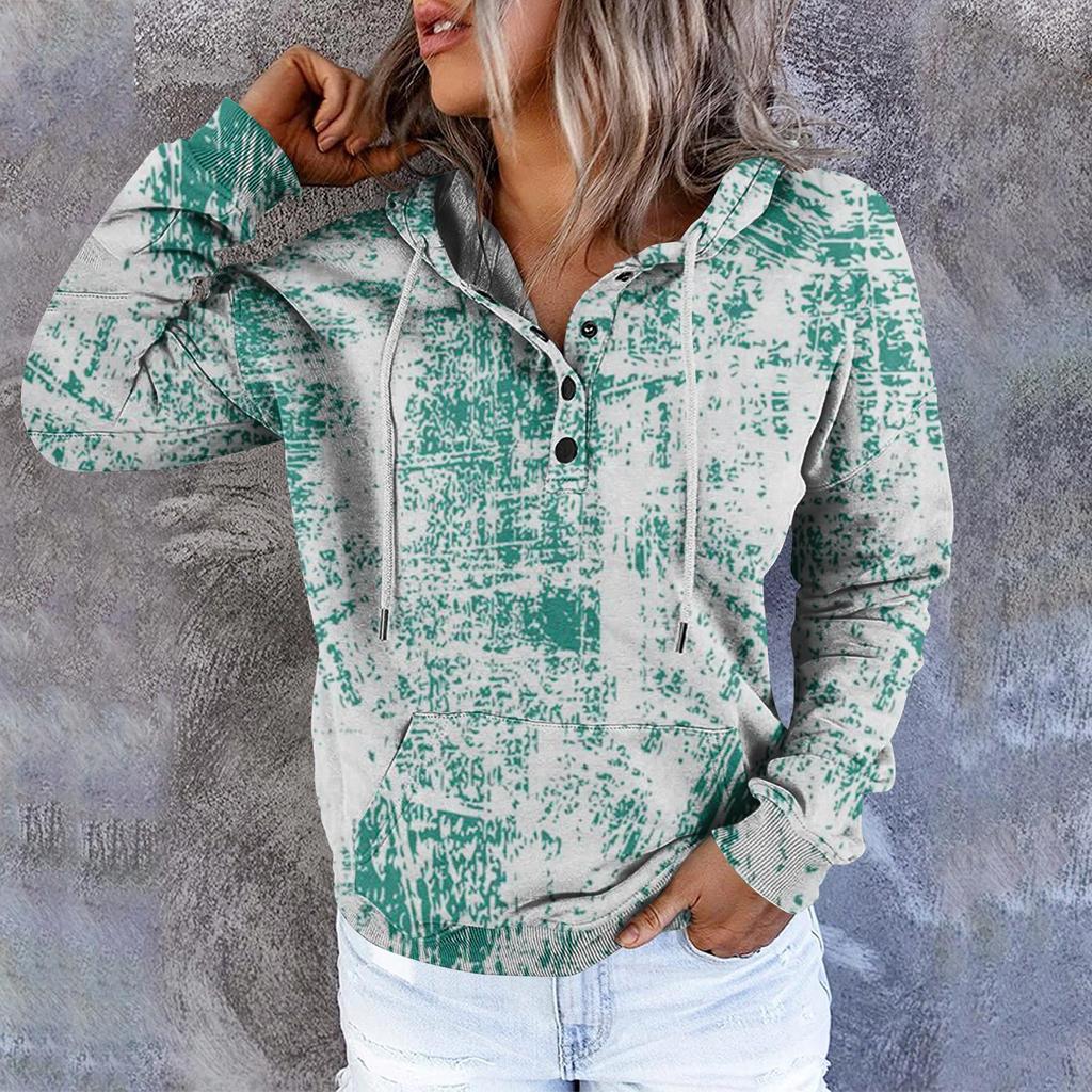 Women's Casual Fashion Vintage Print Long Sleeve Button Pullover Hoodies Sweatshirts