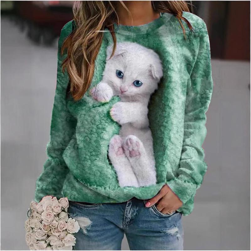 Осенний женский свободный пуловер с принтом животных, длинный рукав, круглый вырез, женский пуловер