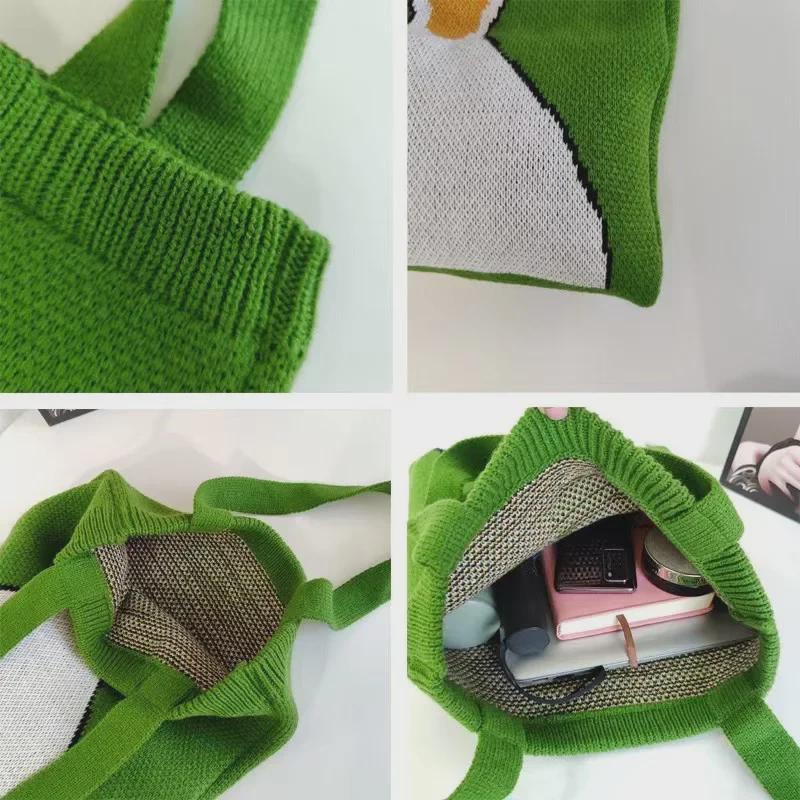 Женская вязаная сумка-тоут с рисунком из мультфильма - мода на осень/зиму, вместительная шерстяная сумка с рисунком утки