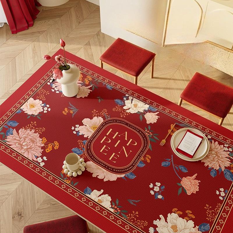 Red Festive Wedding Leather Table Mat Atmosphere Leather Tablecloth Engagement Leave-In Table Mat Rectangular Table Mat