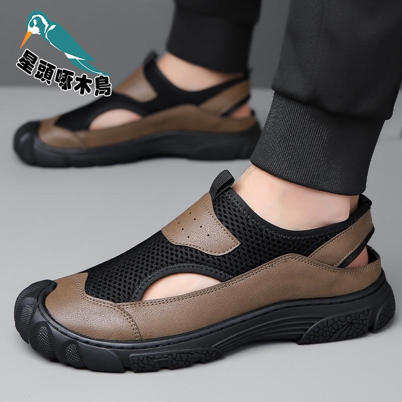2025 New Men's Shoes Summer Trend Mesh Shoes One-pedal Business Leisure Foot Cover Leather Sandals Men