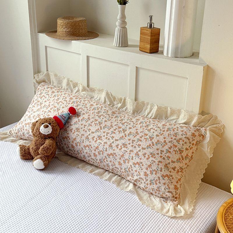 Cotton Double Layer Gauze Pillowcase With Floral Lace Trim Style Couples Zipper 48x120/150/180cm
