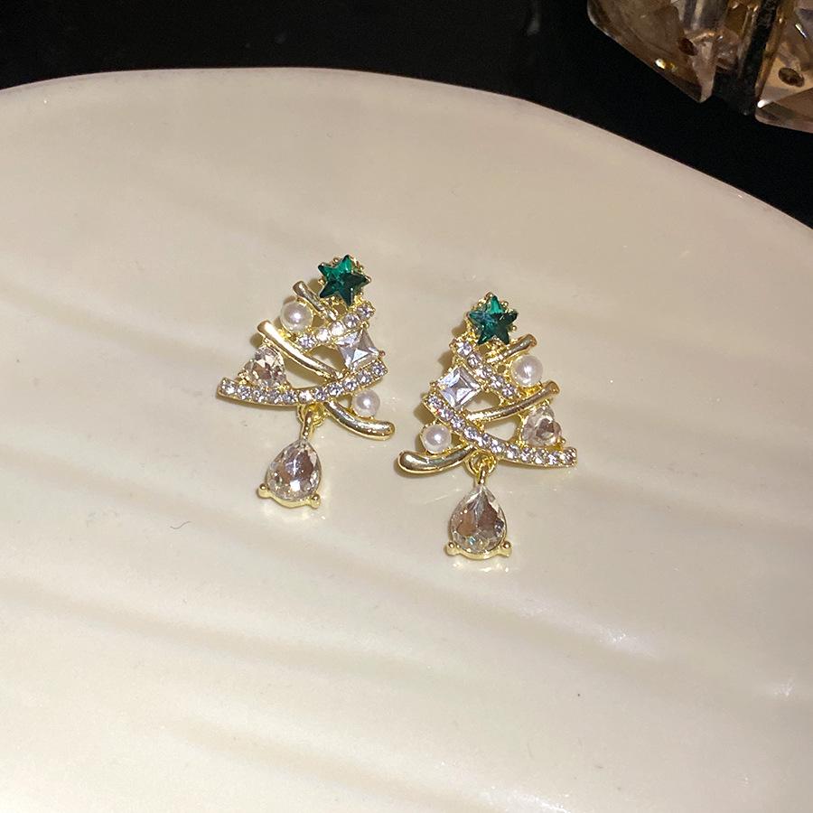 Silver Needle Christmas Tree Diamond Pearl Stud Earrings New Fashion Earrings Niche Design Christmas Earrings