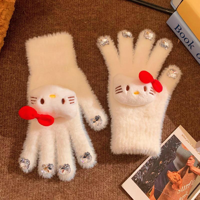 Перчатки с плюшевыми бриллиантами для кошек: Теплые перчатки с раздельными пальцами на осень/зиму для студентов и любителей верховой езды.