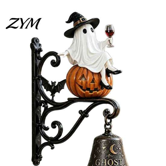 Illuminated Porch Hanging Halloween Light Up Ghost Pumpkin Doorbell, Vintage Resin Wall Bell with Spooky Yard Accessories Warm Glowing, Battery