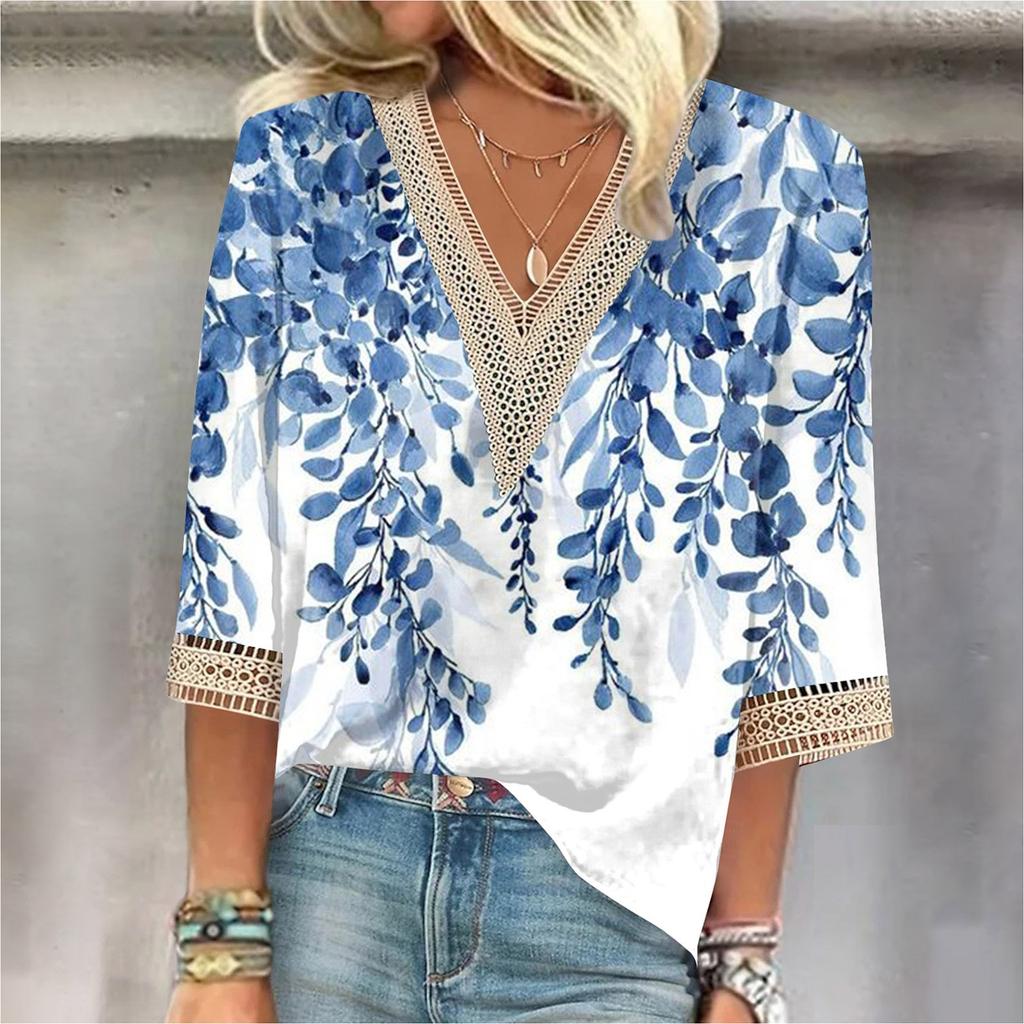 Women's Shirt Blouse Casual Loose Shirts 3/4 Sleeve Lace Trims Print V Neck Tops Print Tops T-shirts Tee