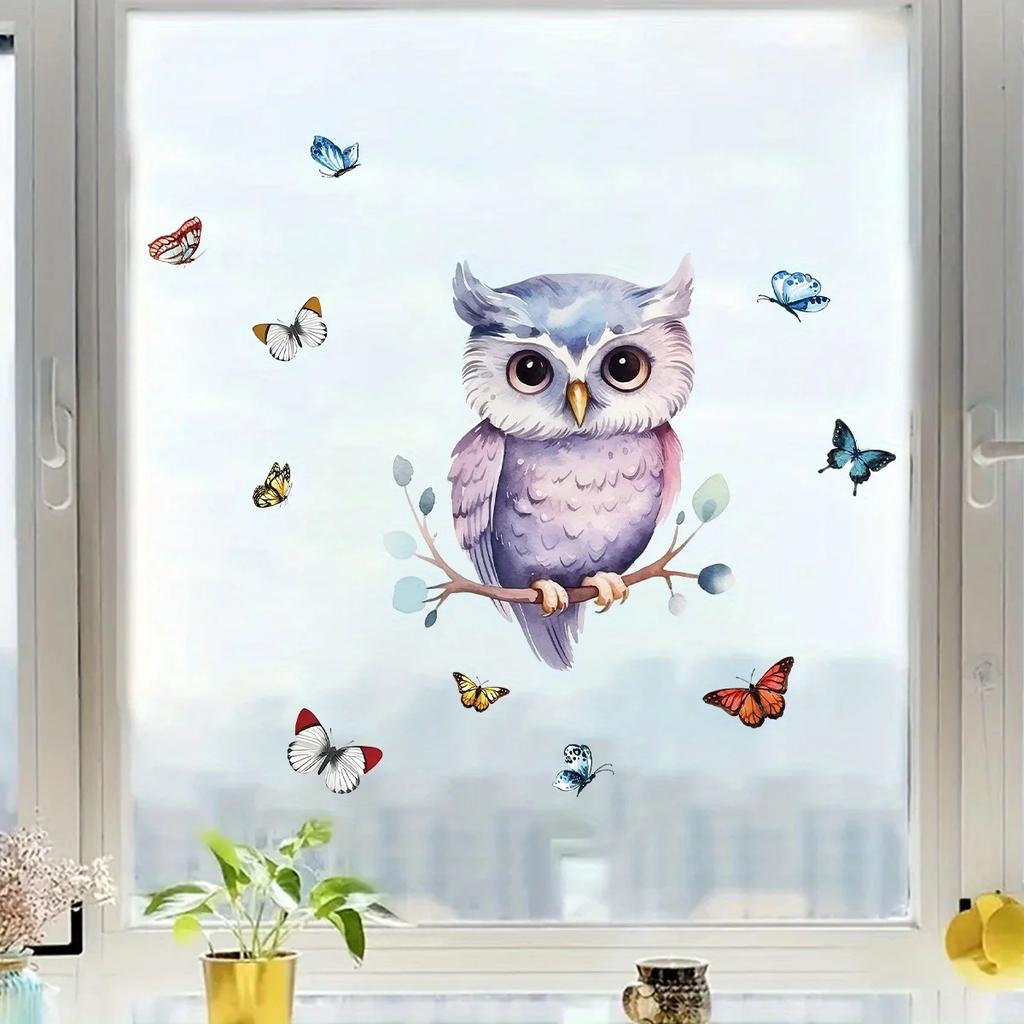 Cartoon Cute Owl Colored Butterfly Branches Animal Window Stickers for Bedroom Decor Living Room Nursery Decoration Wall Decals