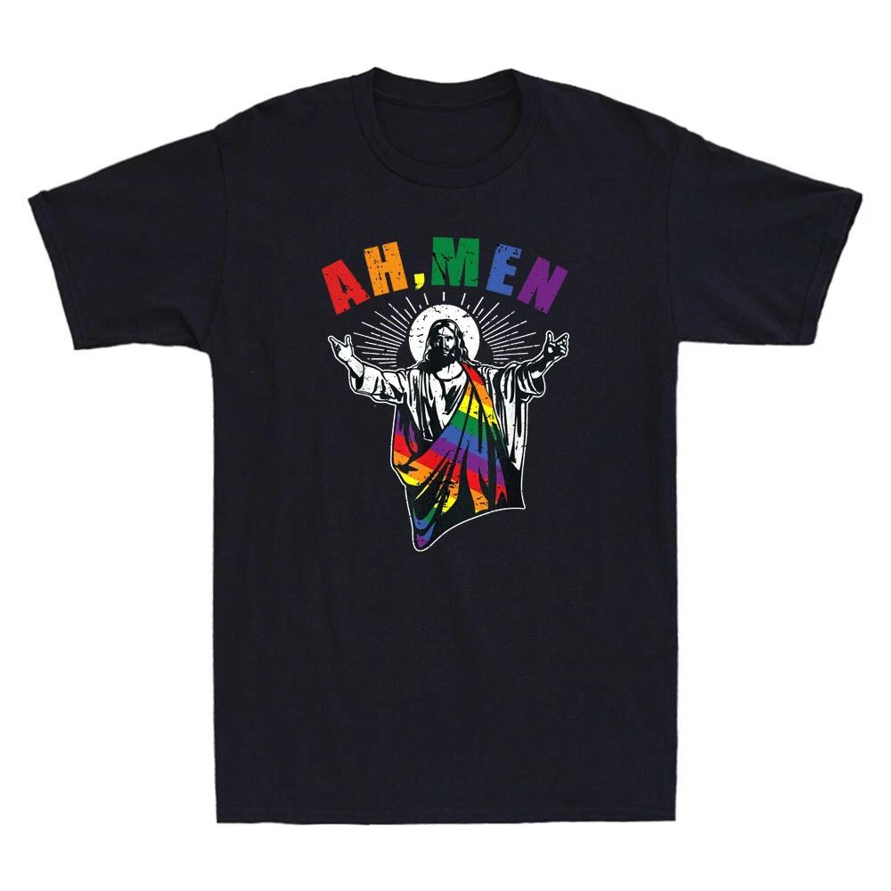 Ah Men Funny Lgbt Gay Pride Jesus Rainbow Flag Christian Unisex Vintage T-Shirt