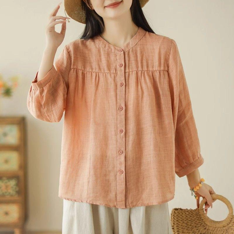 Artistic Retro Spring and Summer New Versatile Loose Slimming Cotton and Linen Cardigan Top Seven Quarter Sleeved Shirt Women's Clothing