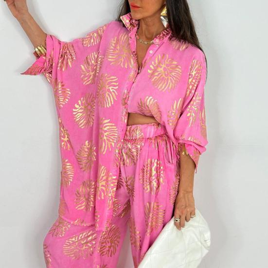 Женские костюмы-двойки с крупным принтом, рубашка на пуговицах с длинным рукавом, брюки с широкими штанинами на резинке, повседневный костюм для отдыха