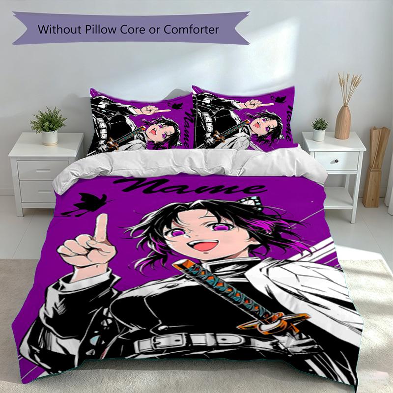 3pcs Custom Name Demon Slayer character theme Set,Includes 1 Duvet Cover and 2 Pillowcases,All-season Bedroom Decor