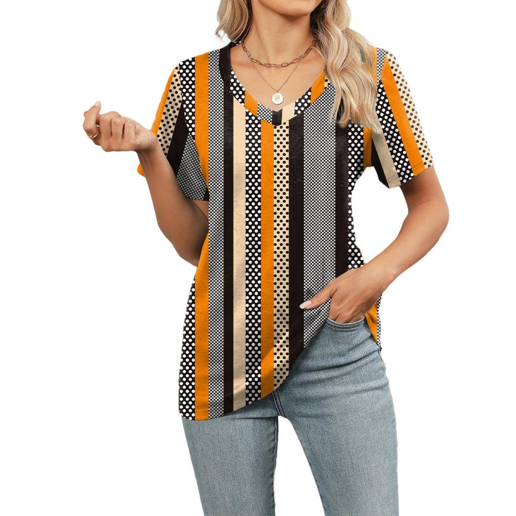 Women's Fashion V Neck Floral Print Short Sleeved Pullove T-shirt Top