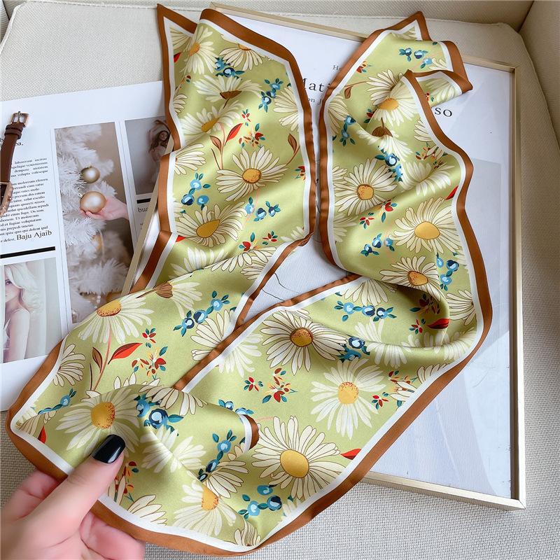 Printed silk scarf Korean version narrow scarf silk scarf double-layer double-sided scarf long scarf tied hair elegant headscarf women tied bag summer