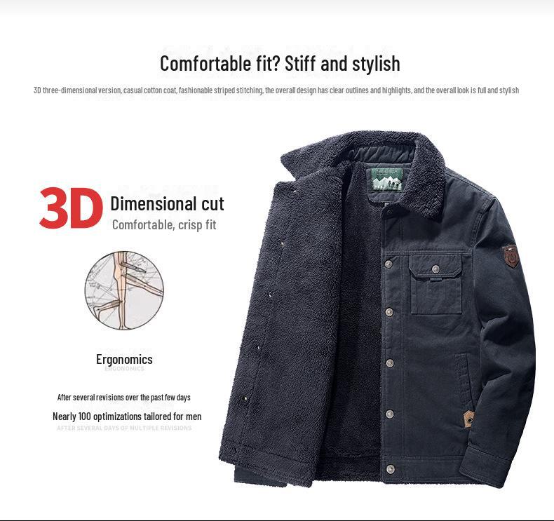 Men's Winter Lambskin Lapel Workwear Jacket - Plus Velvet, Large, Loose, Warm, Thickened Cotton Coat