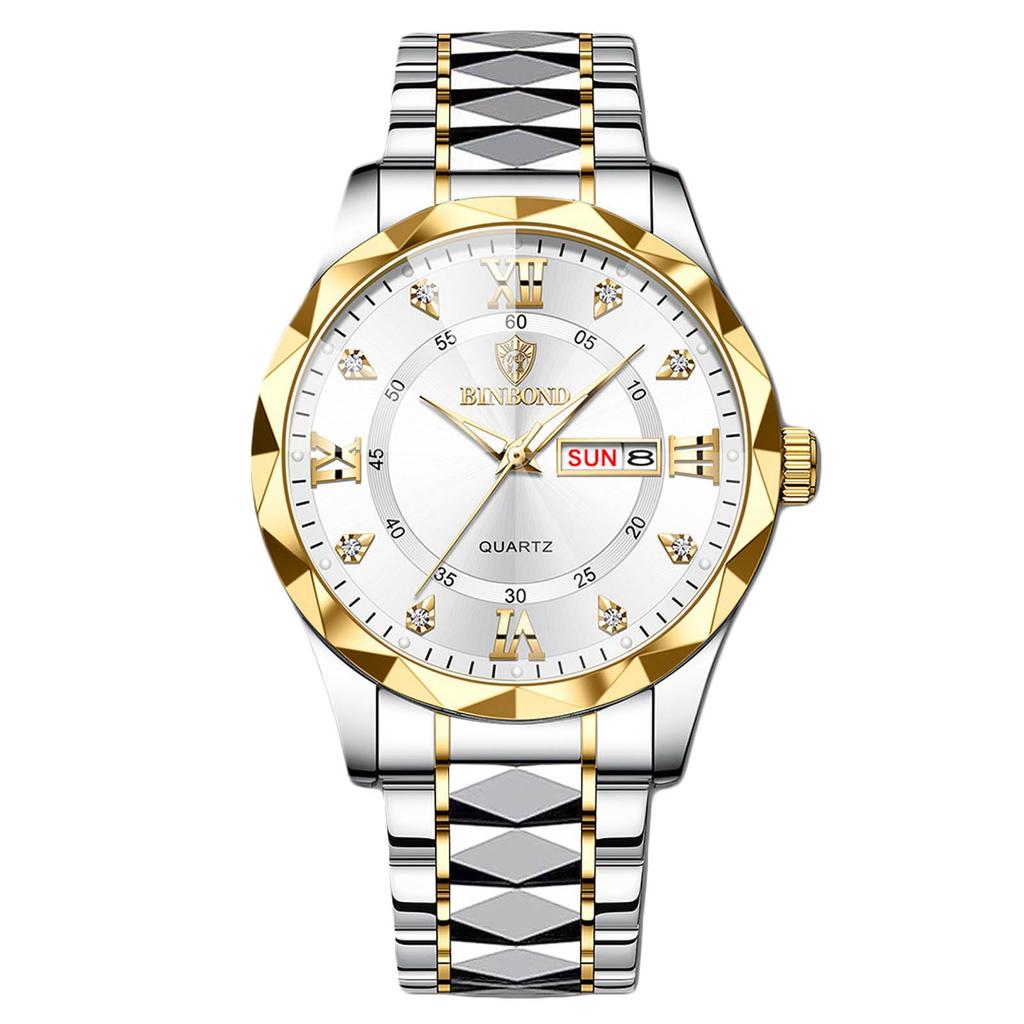 RORIOS Date Quartz Christmas Gold White A Men's Watch, Multifunctional, Display, Watch, Luminous, Lightweight, Waterproof, Work, Commuting, Stylish,