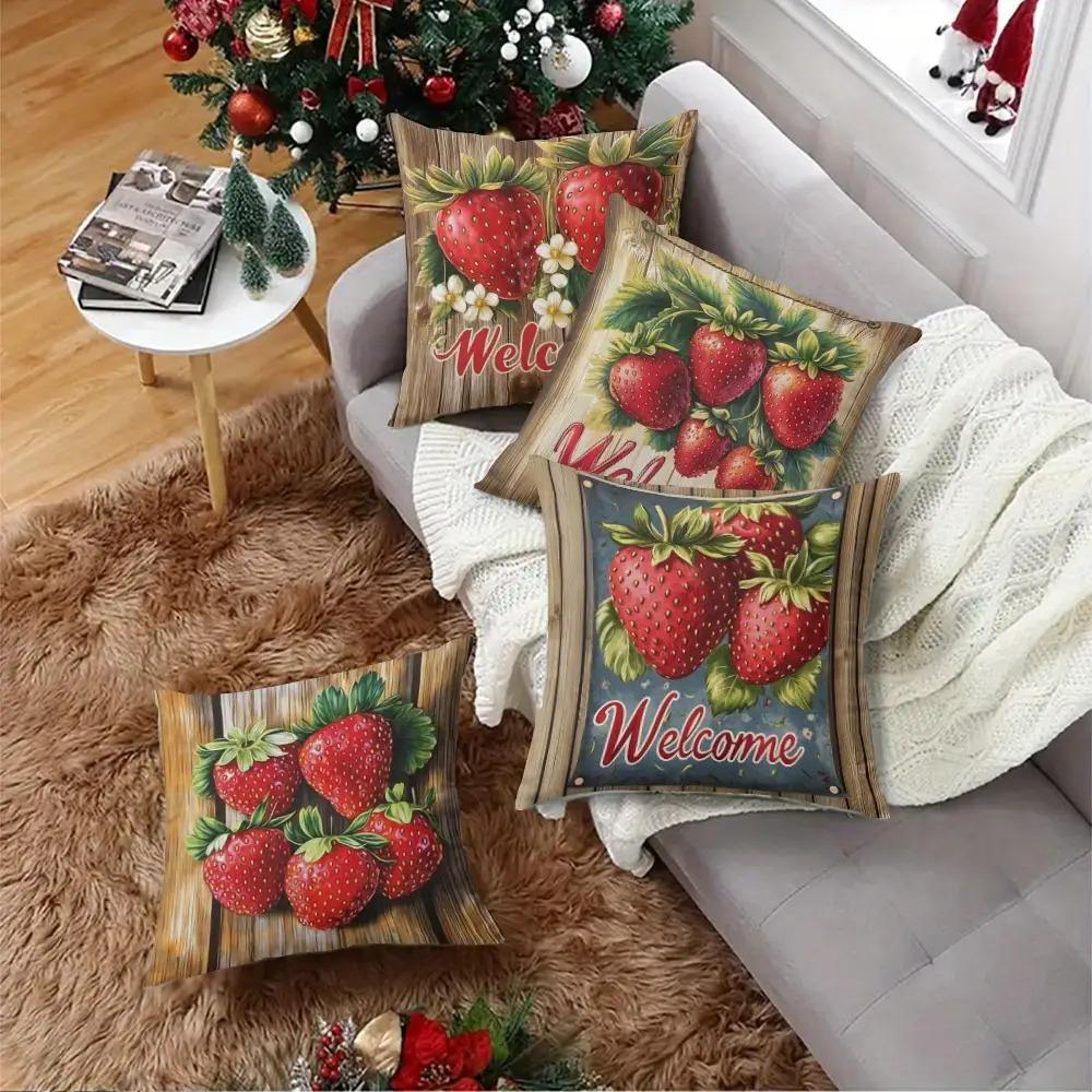 Strawberry Country-Style Digital Printing Pillow Cover Short Plush Suitable Living Rooms Bedrooms Sofas Throw Cushion Cover 4Pcs
