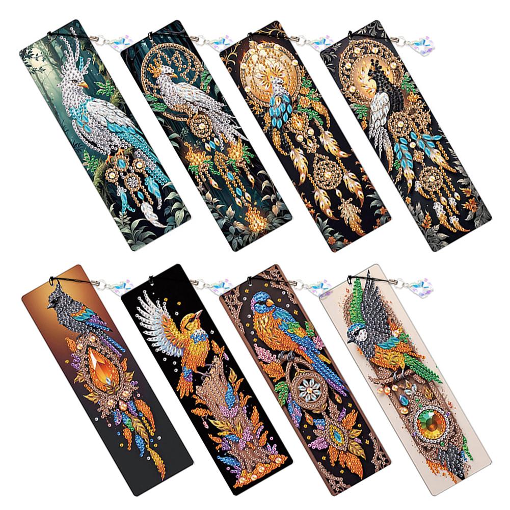 8Pcs Diamond Painting Art Bookmarks Colored Patterns DIY Diamond Painting Bookmark with Crystal Pendants for Reading Enthusiasts