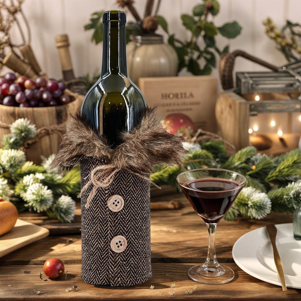 2Pcs Christmas Wine Bottle Covers Plaid Faux Fur Collar Wine Bag Holiday Dining Table Decor Champagne Sleeves