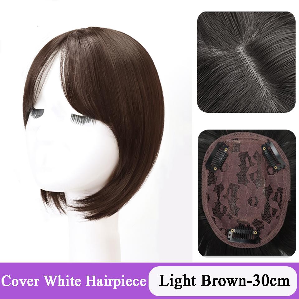 Synthetic 3 Clip In Hair Topper With Bangs 11inch Straight Wig Overhead Natural Invisible Replacement Cover White Hair Piece For Women