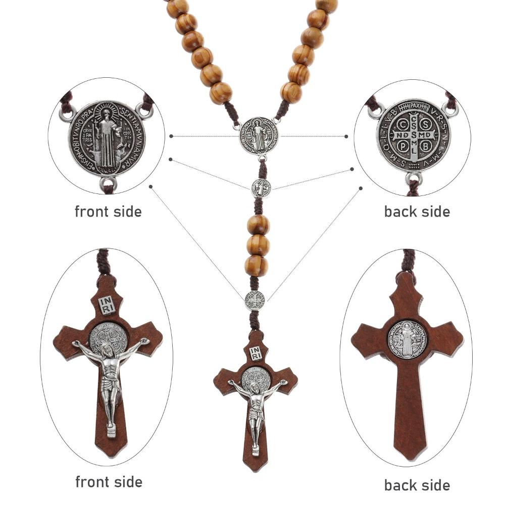 Подарки Католическая молитвенная цепочка Деревянные бусины Ожерелье Ожерелье с крестом Ожерелье-розарий Подвеска-крест