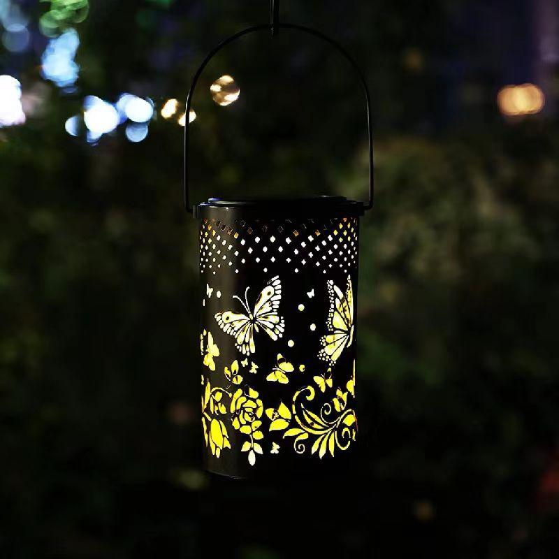 New Solar Projection Lamp Butterfly Lamp Iron Craft Hollow Out Lantern Outdoor Waterproof Courtyard Decoration Solar Landscape Lamp