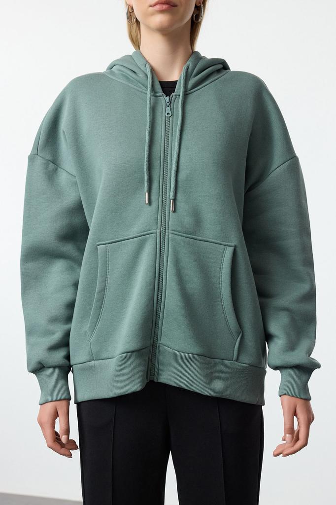 Women's Fashionable Stylish Sweatshirt Stone Oversize Comfortable Cut Basic Hooded Zippered Thick Inside Fleece Knitted Sweatshirt