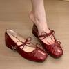 Премиальные туфли Мэри Джейн на толстом каблуке с квадратным носком, новинка 2025 года, красные одинарные туфли для женщин, для ношения с юбкой