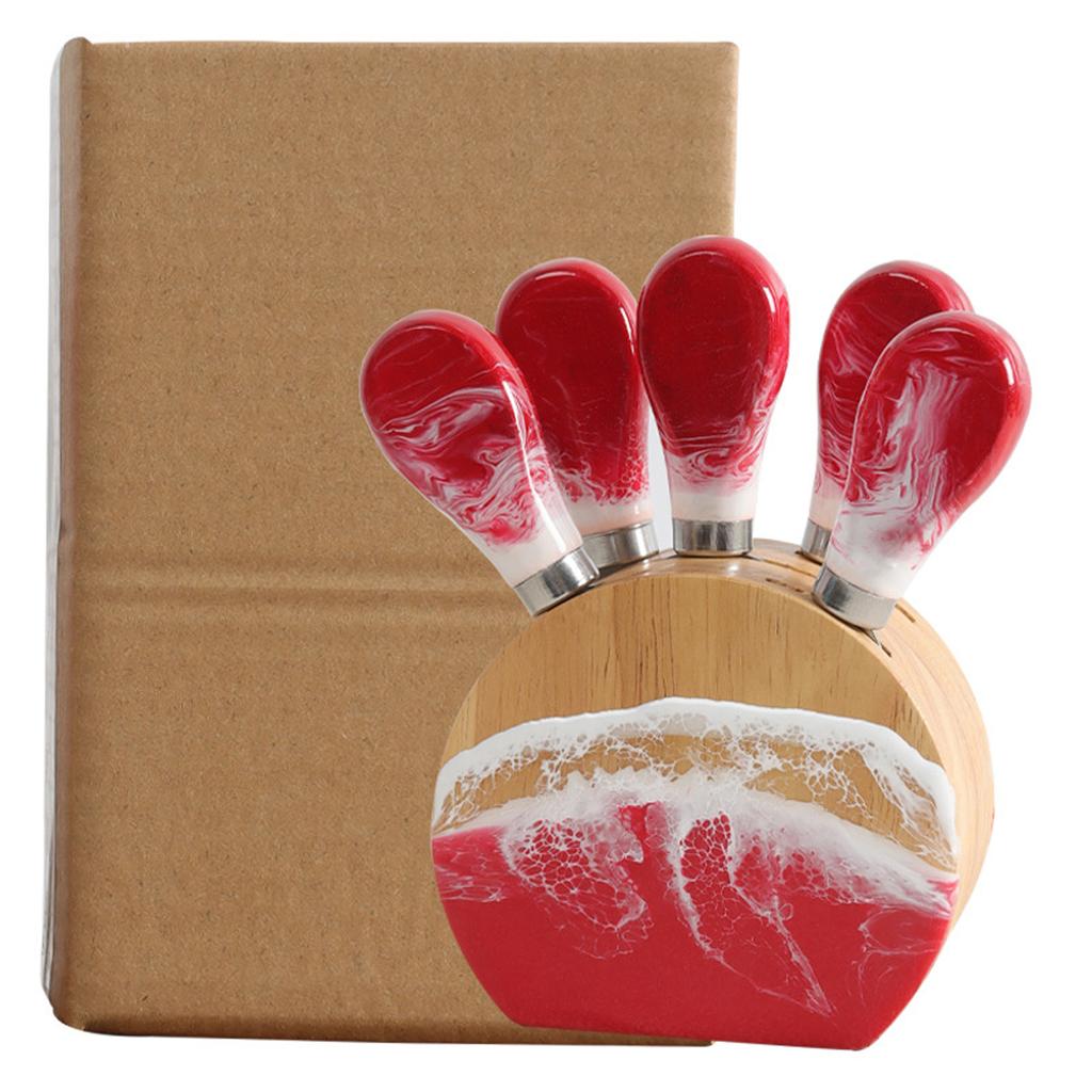 Resin Oak Wood Cheese Knife Set with Round Wooden Stand Includes Four Cheese Knives with Ergonomic Handles Suitable for Cutting and Serving Cheese