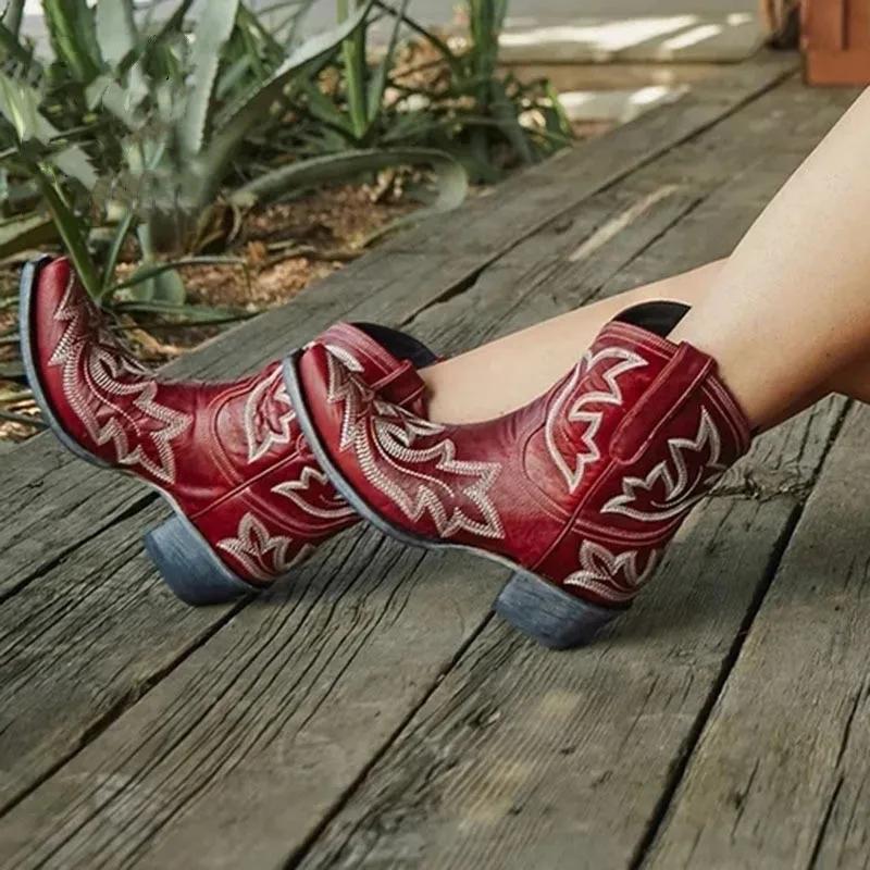 Fashion Vintage Embroidery Cowboy Woman Boots 2024 Autumn Winter Thick Heels Ankle Boots For Women Red PU Leather Western Botas Mujer