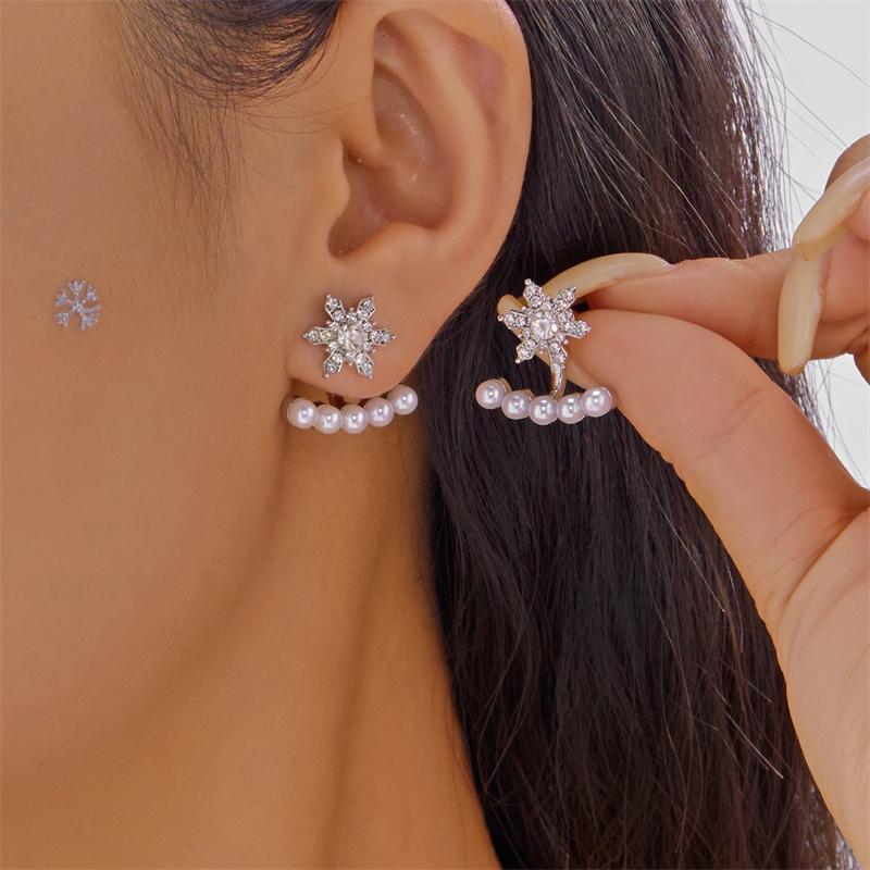 Imitation Pearl Christmas Snowflake Earrings Stud For Women Bridal Sparkling Zirconia Light Luxury Wedding Party Jewelry Gift