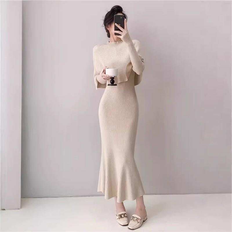 Elegant French-Inspired Knit Wrap Shawl Dress Set Slim Fit Longline Sweater Skirt Outfit Women Fall Winter