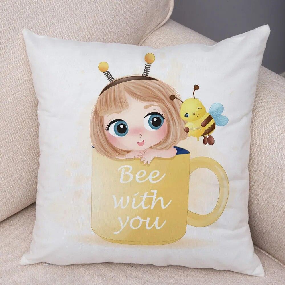 Children's Room Sofa Home Pillowcase Cute Cartoon Girl and Cat  Decoration  Animal Cushion Cover