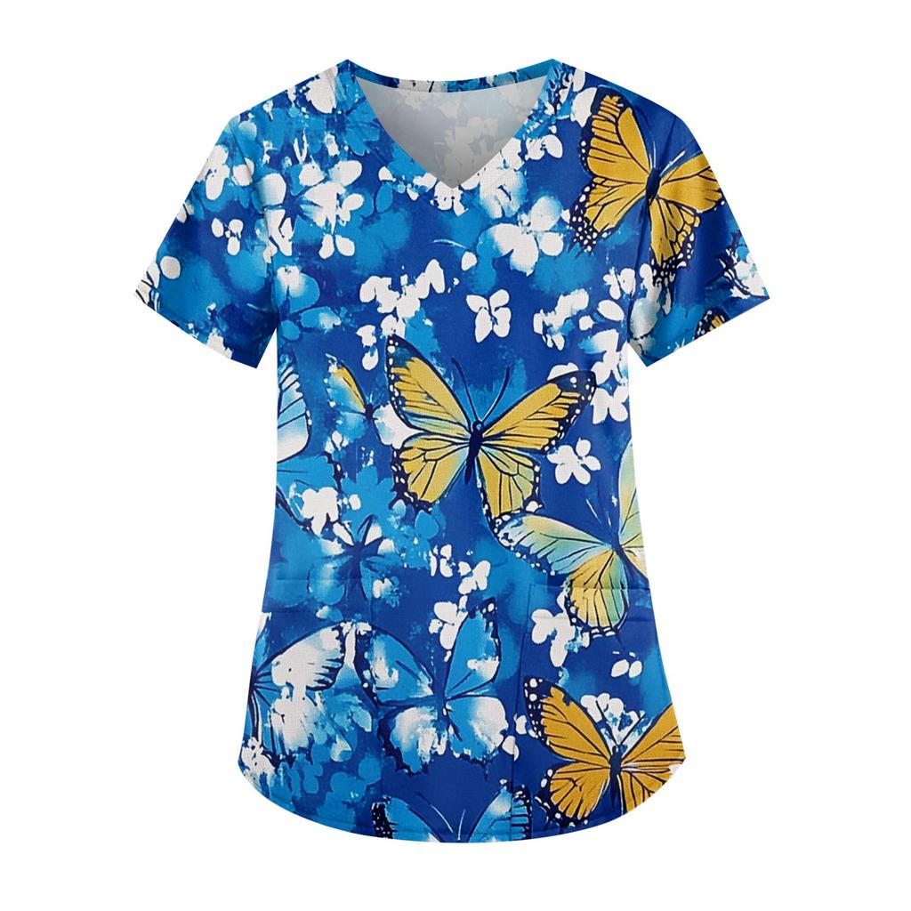 Рабочая форма больших размеров с принтом, топы для женщин, забавные футболки с v-образным вырезом и короткими рукавами, рабочая одежда, футболка с карманами