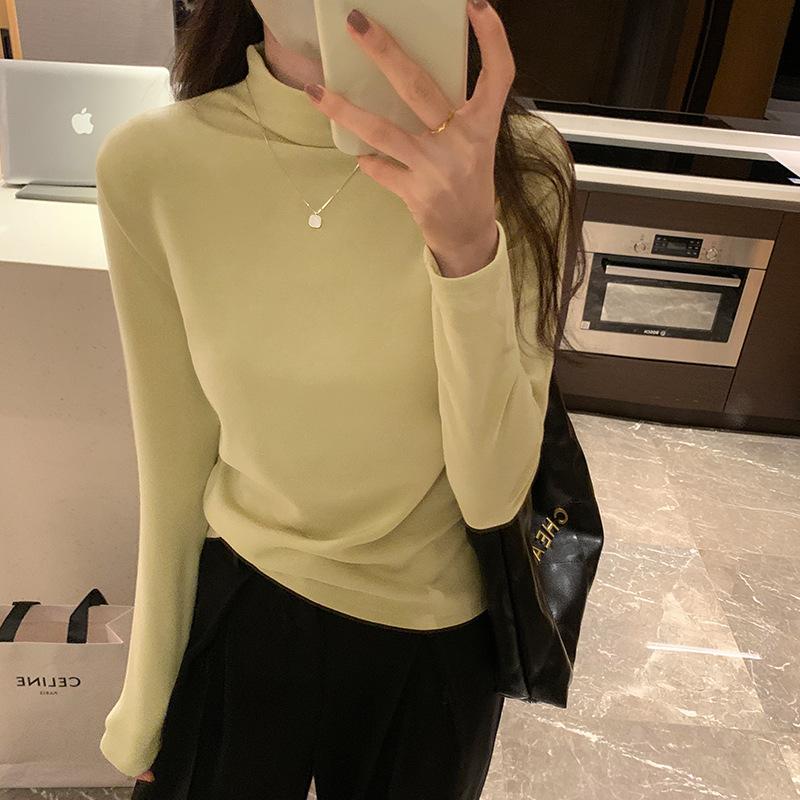 Однотонная рубашка с воротником-полуворотом для женщин на осень и зиму, новая облегающая футболка с короткими внутренними длинными рукавами, универсальный топ